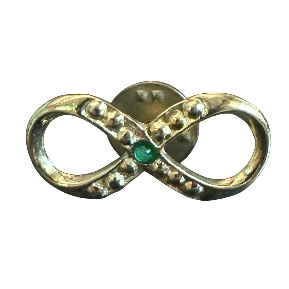Vintage Hattie Carnegie Gold Tone Infinity Symbol Pin Green Rhinestone HC Signed